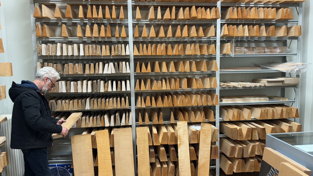 Master Luca Mario Gallo teaching Ivan how to select violin wood in Cremona